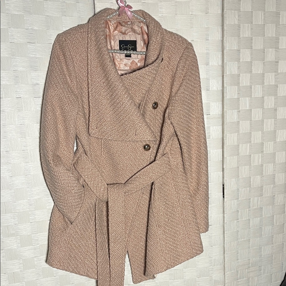 Jessica Simpson Blush Pink Taupe Belted Wrap Trench Coat Perfect Spring M